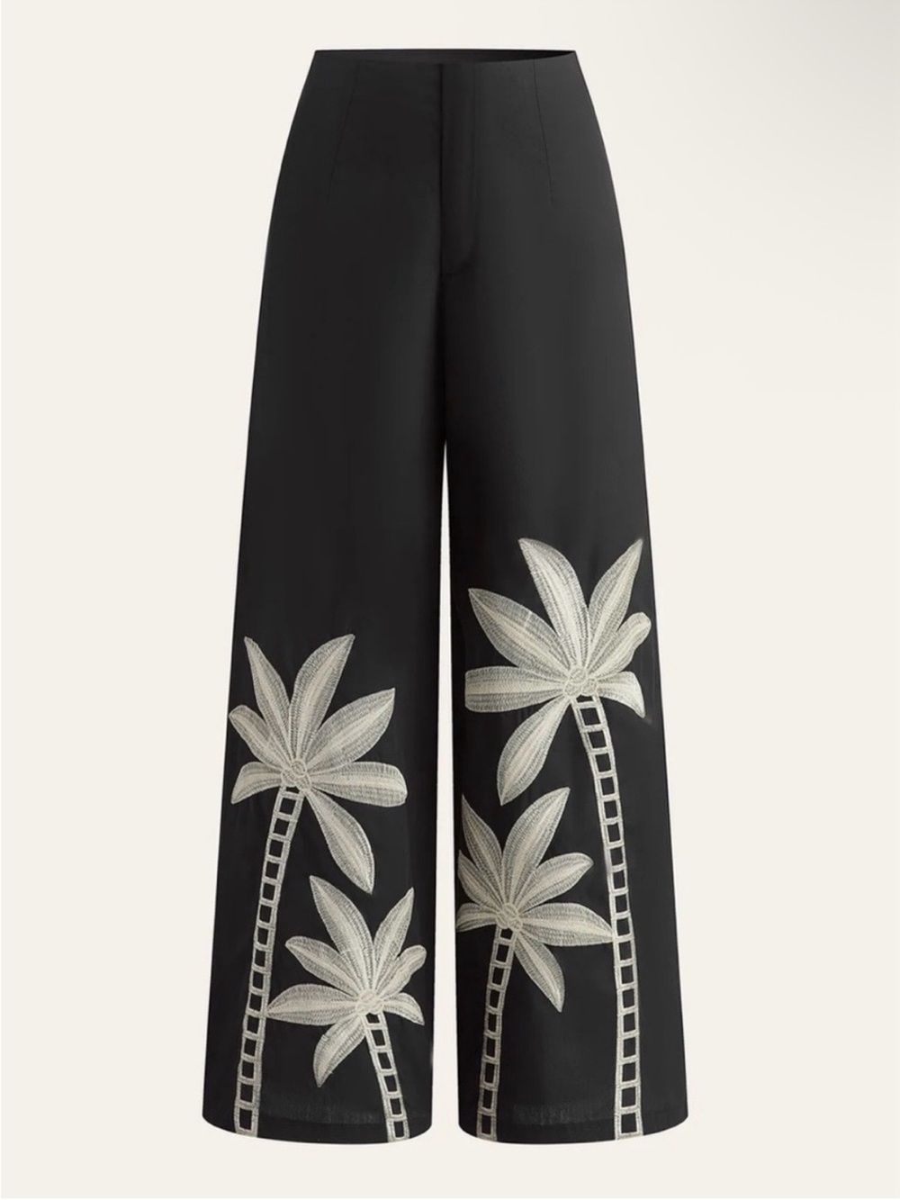 Commense Embroidered High-Waist Wide-Leg Palm Tree Black White Tropical Pants - Picture 1 of 7